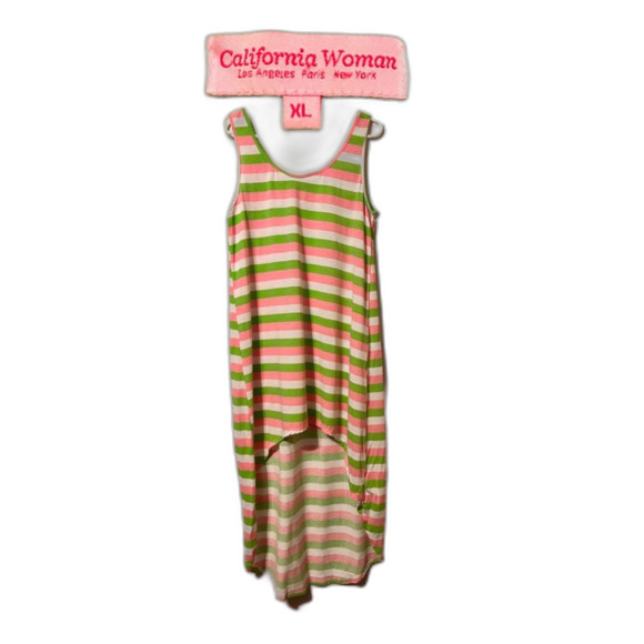 California Woman XL High-Low Sleeveless Sundress Pink, White, and Green Stripes - Picture 3 of 3